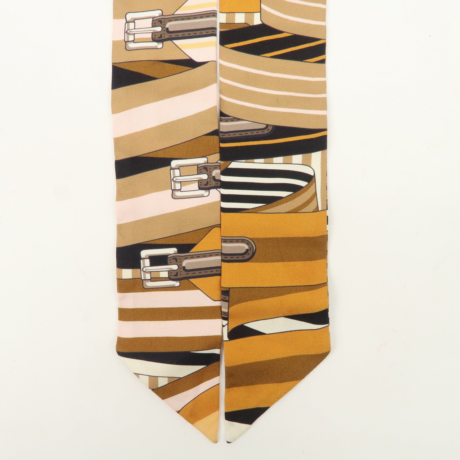 HERMES Twilly Silk 100% Scarf LES SANGLES Brown Black Peach