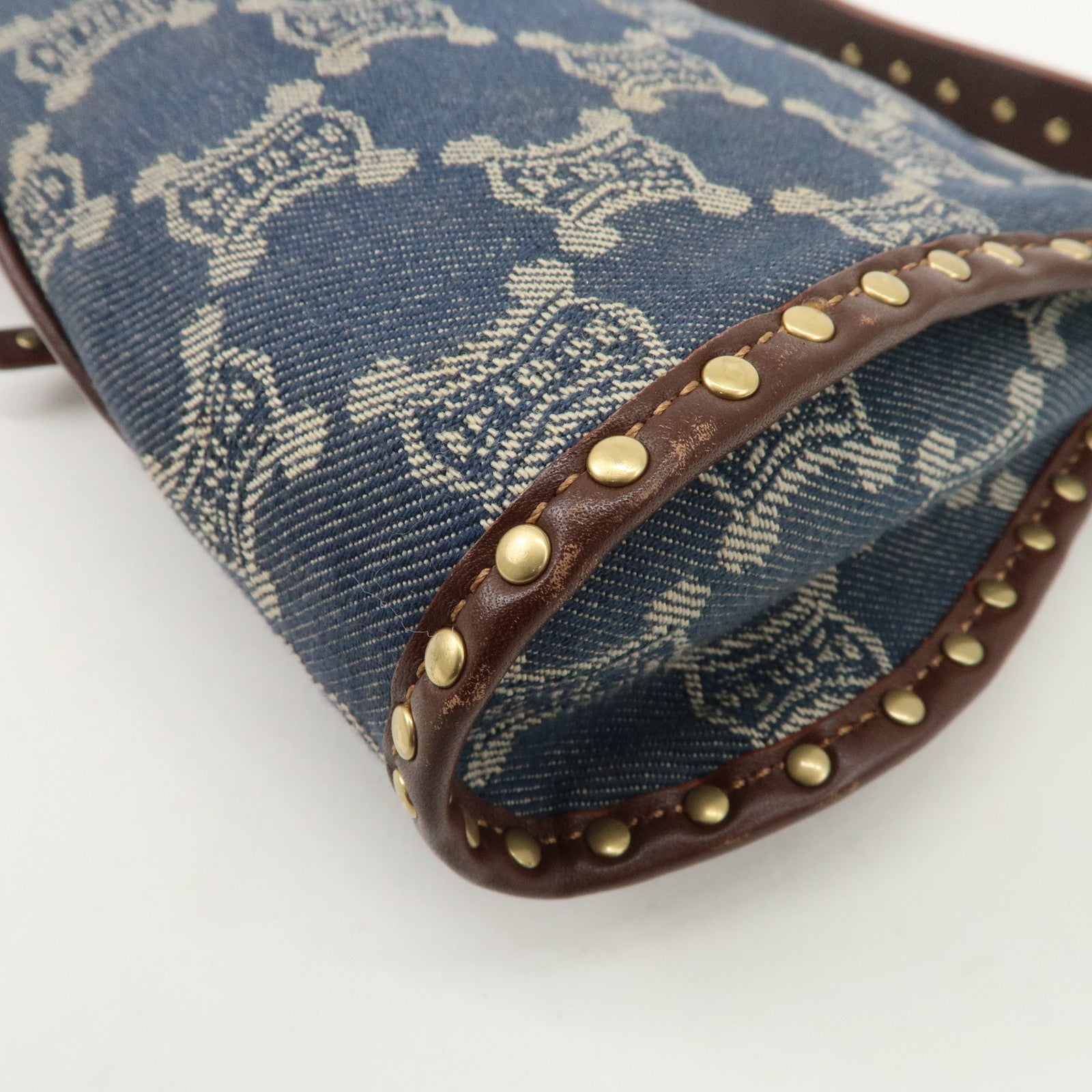 CELINE Macadam Studs Denim Leather Shoulder Bag Dark Brown Navy Used