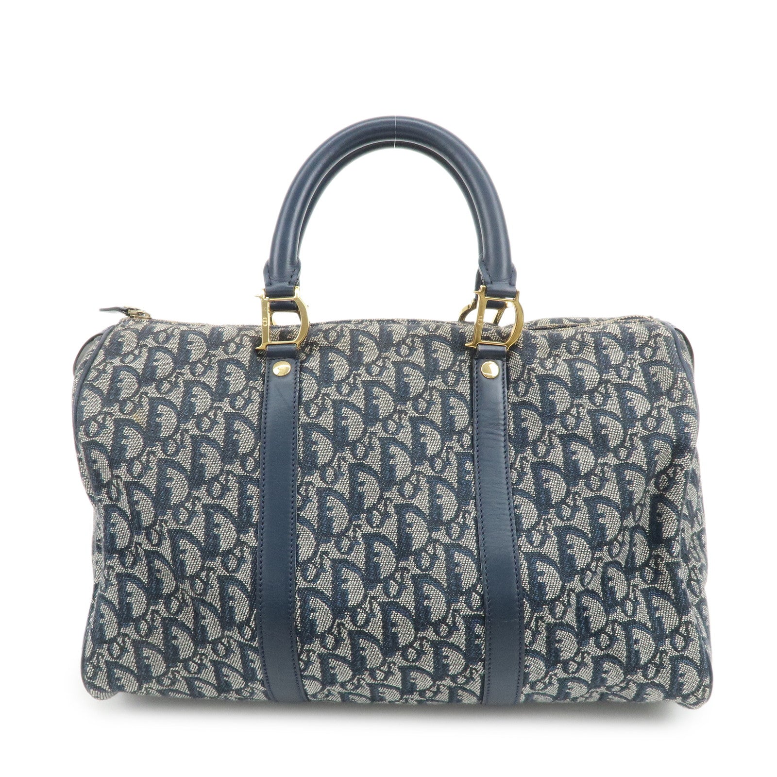 Christian Dior Trotter Jacquard Canvas Leather Boston Bag Navy