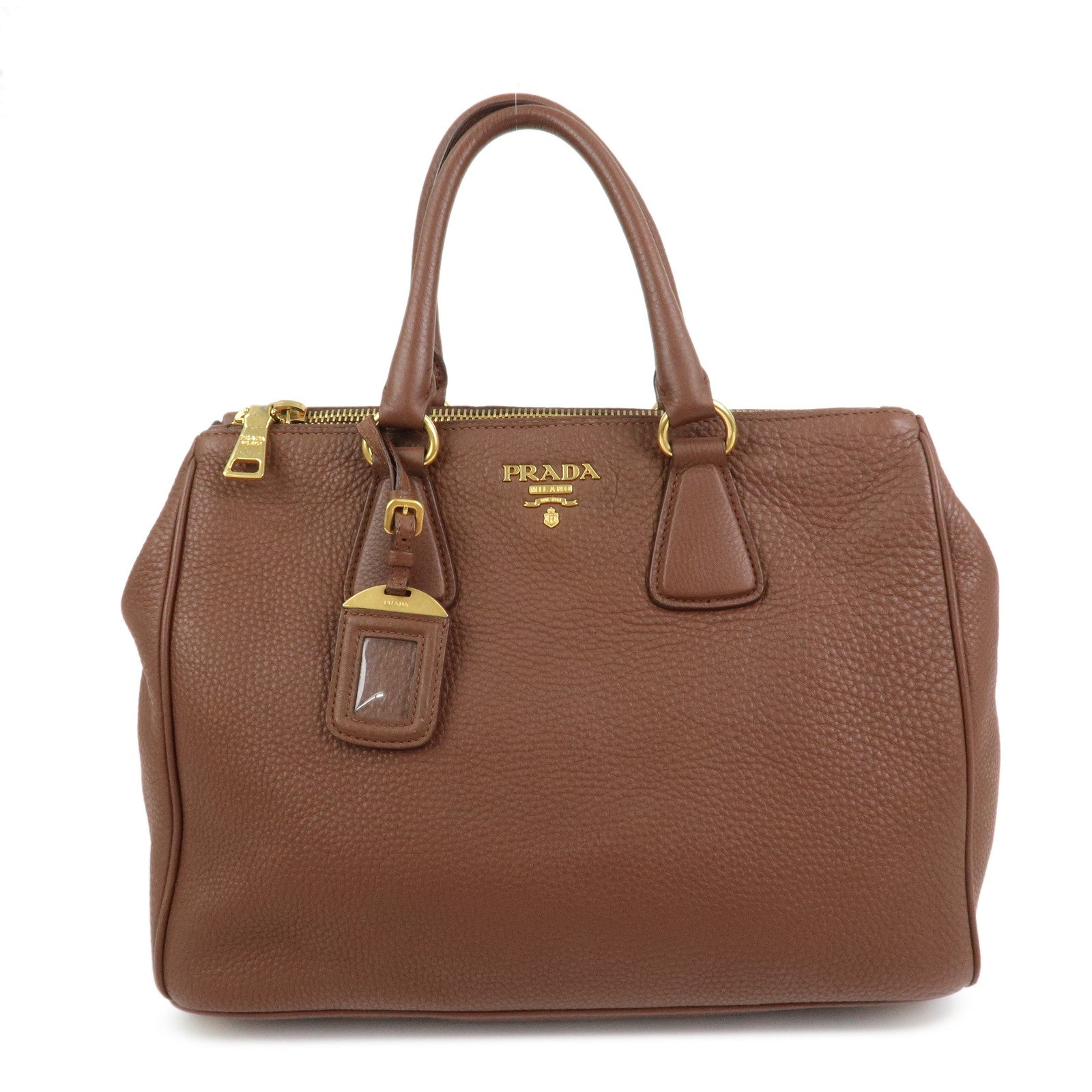PRADA Logo Leather Hand Bag Tote Bag Brown