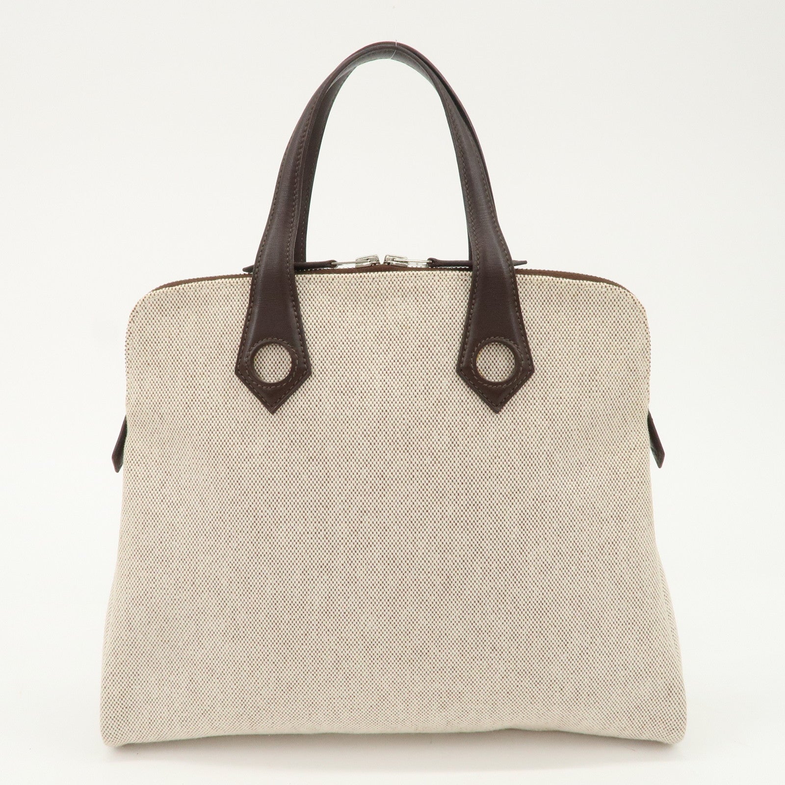 HERMES Leather Toile Ash Sac Eve MM J Engraved Hand Bag Natural