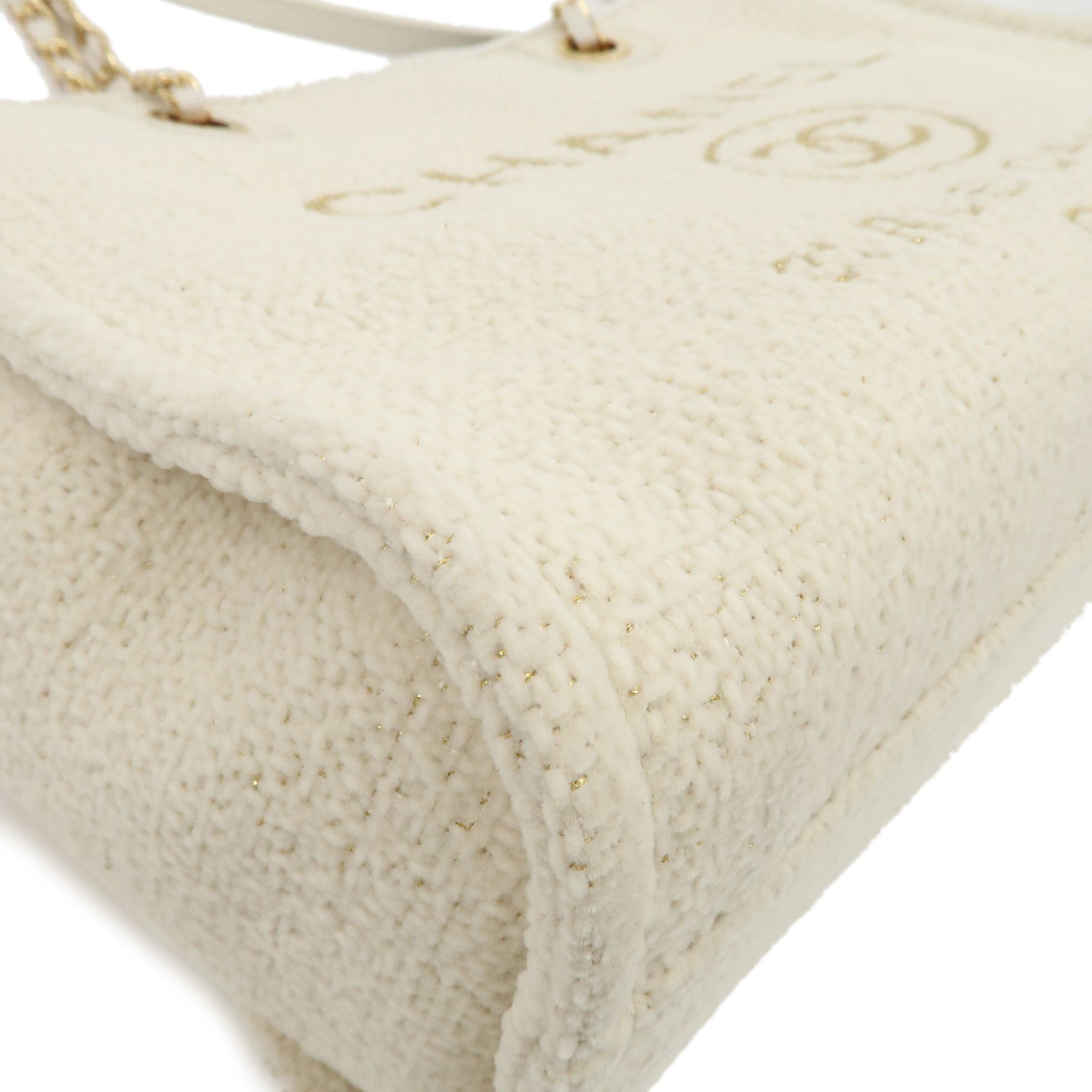 CHANEL Leather Tweed Deauville MM Shoulder Bag Tote Bag Ivory
