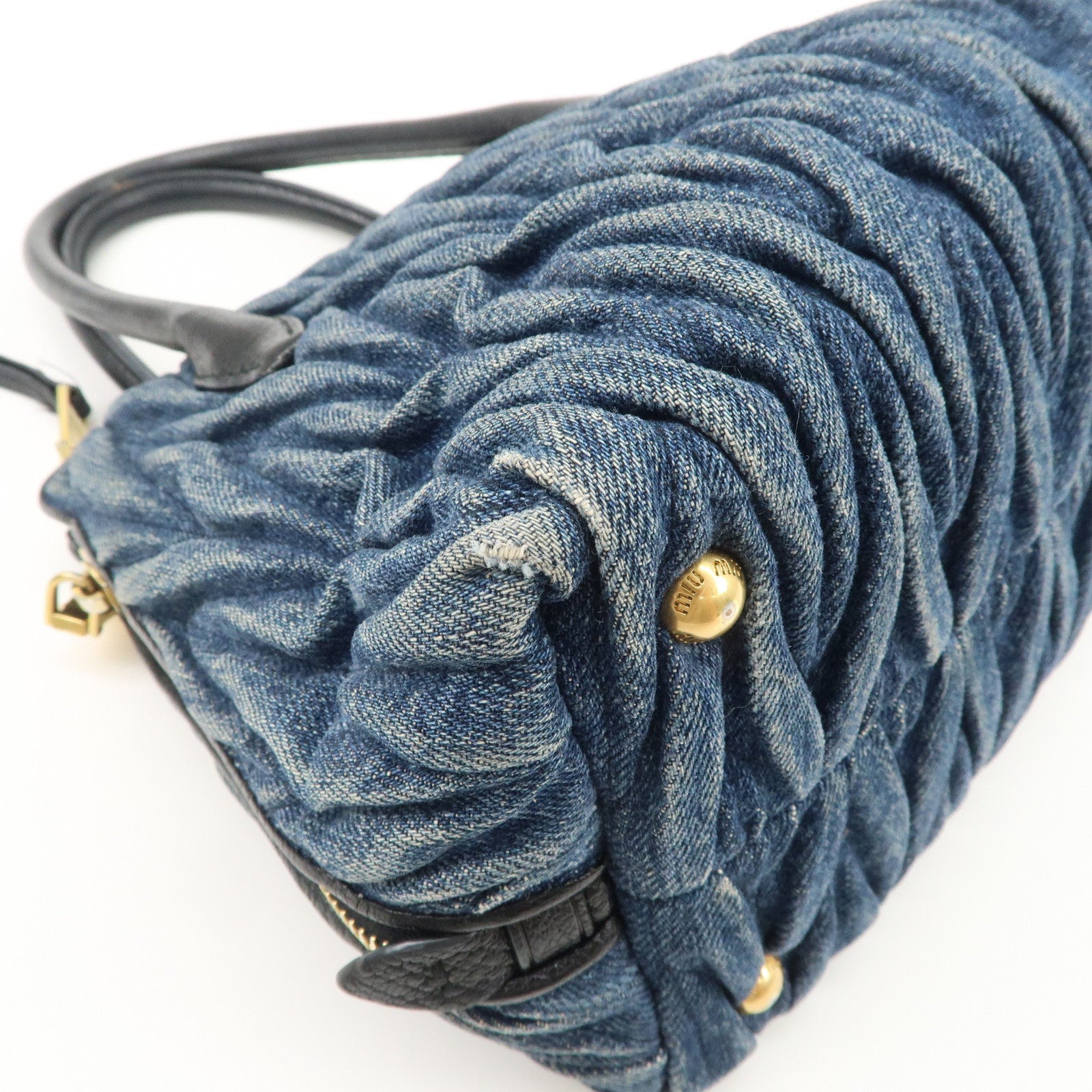 MIUMIU Matelasse Leather Denim 2Way Bag Black Indigo Blue 5BA003 Used