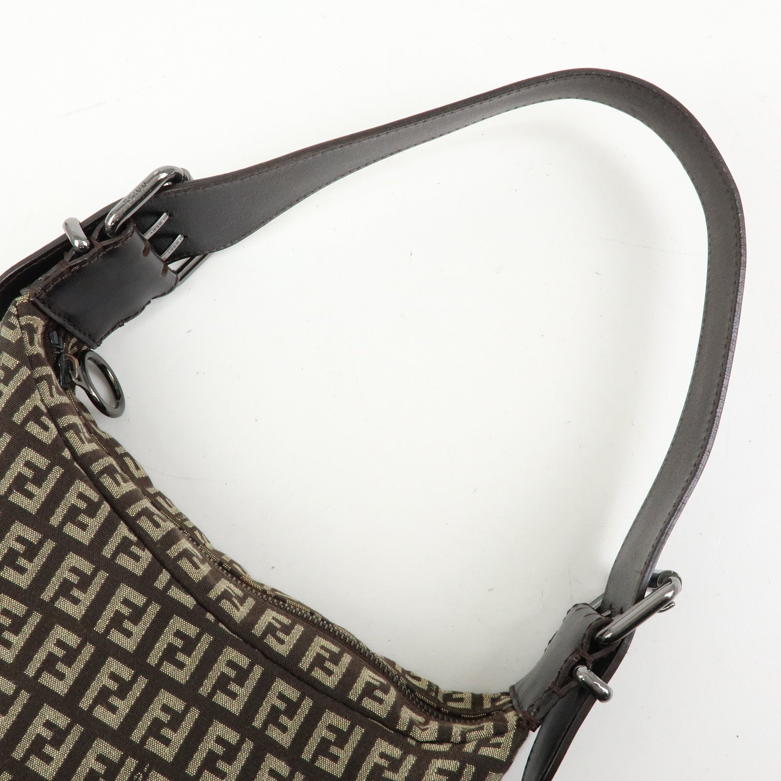 FENDI Zucchino Canvas Leather Shoulder Bag Dark Brown 8BR228