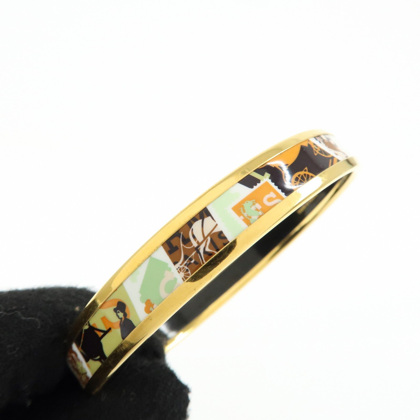 HERMES Email PM Gold Plated Bracelet Bangle Light Green Orange Gold