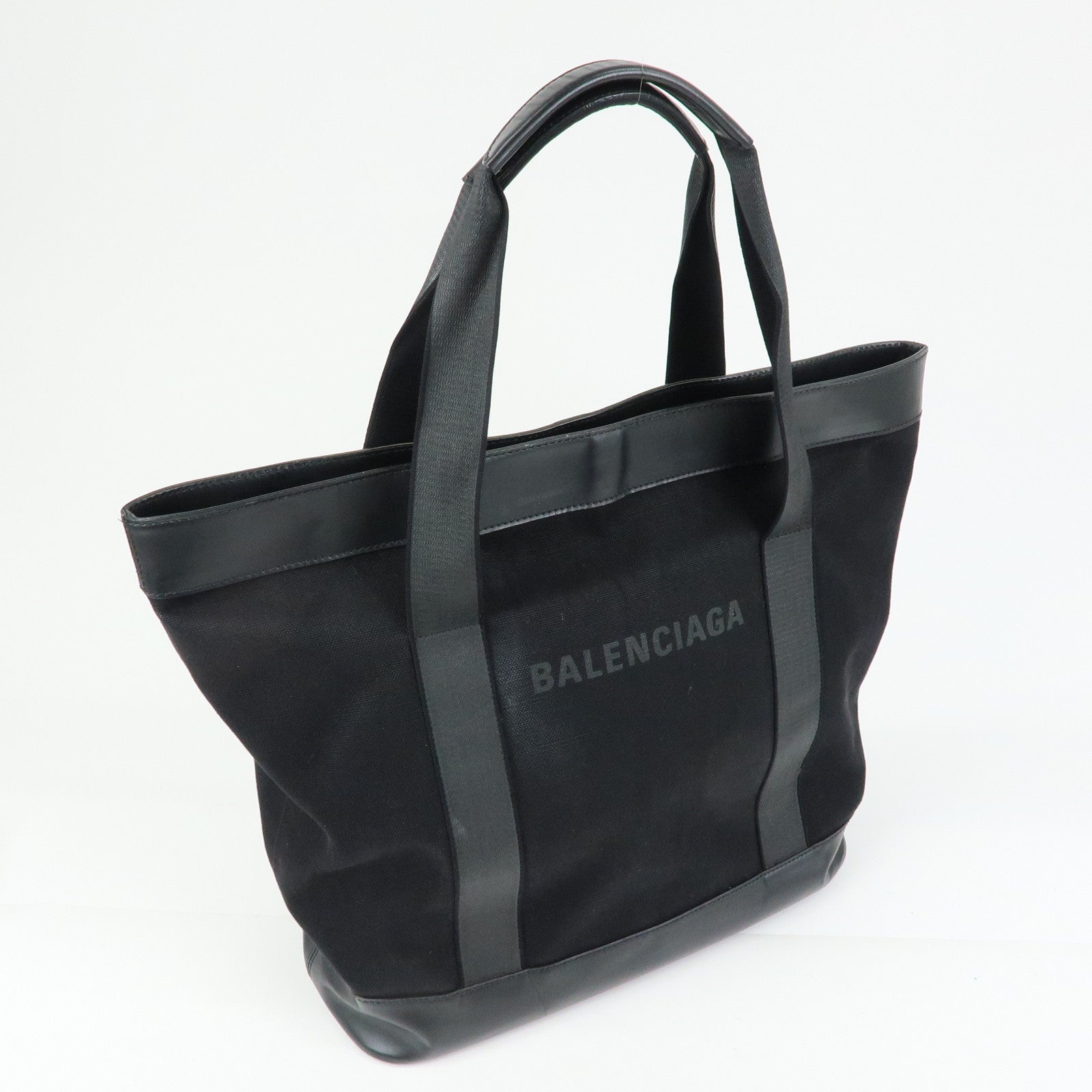 BALENCIAGA Navy Tote Canvas Leather Tote Bag Hand Bag Black 374767