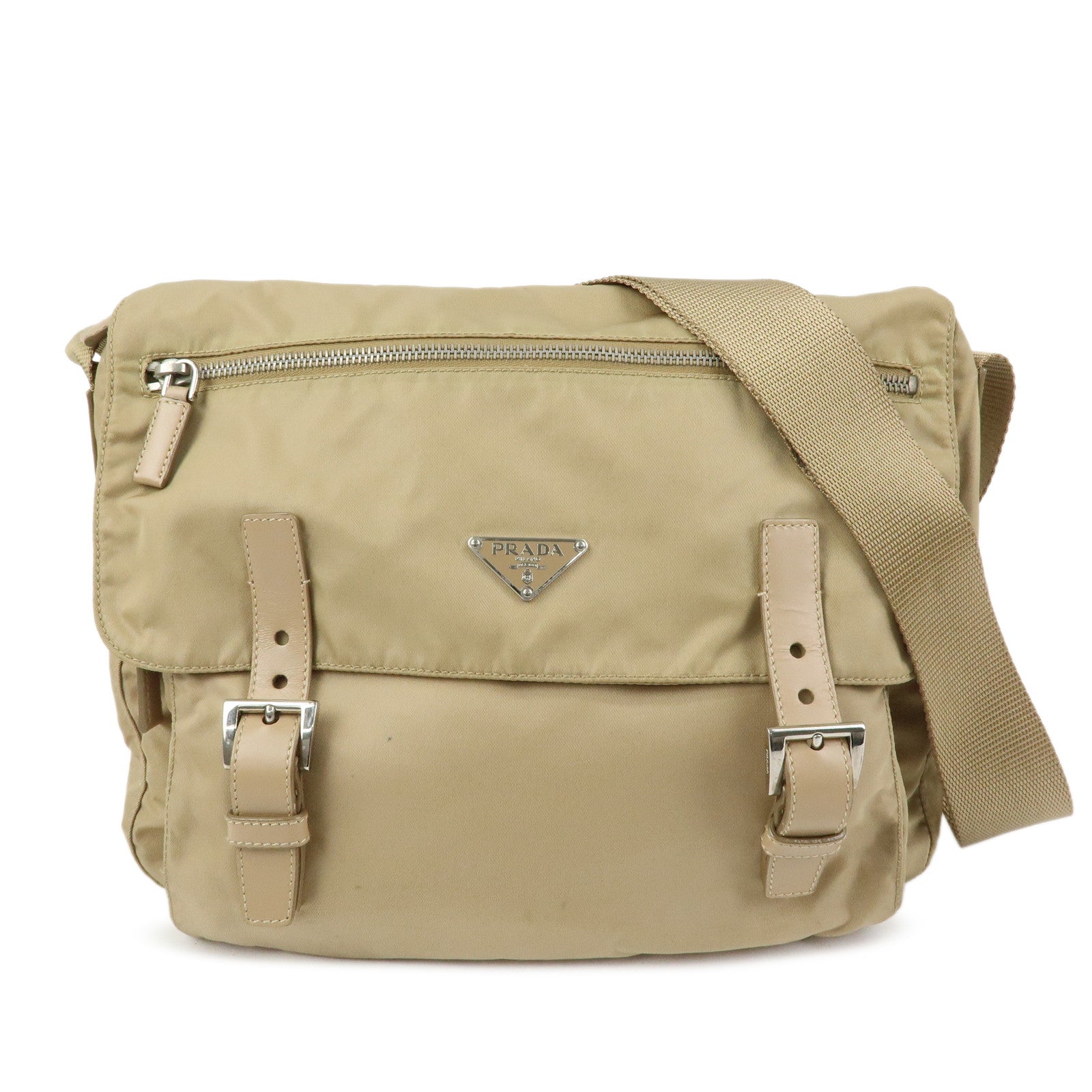 PRADA Triangle Logo Nylon Shoulder Bag Crossbody Bag Beige 1BD953