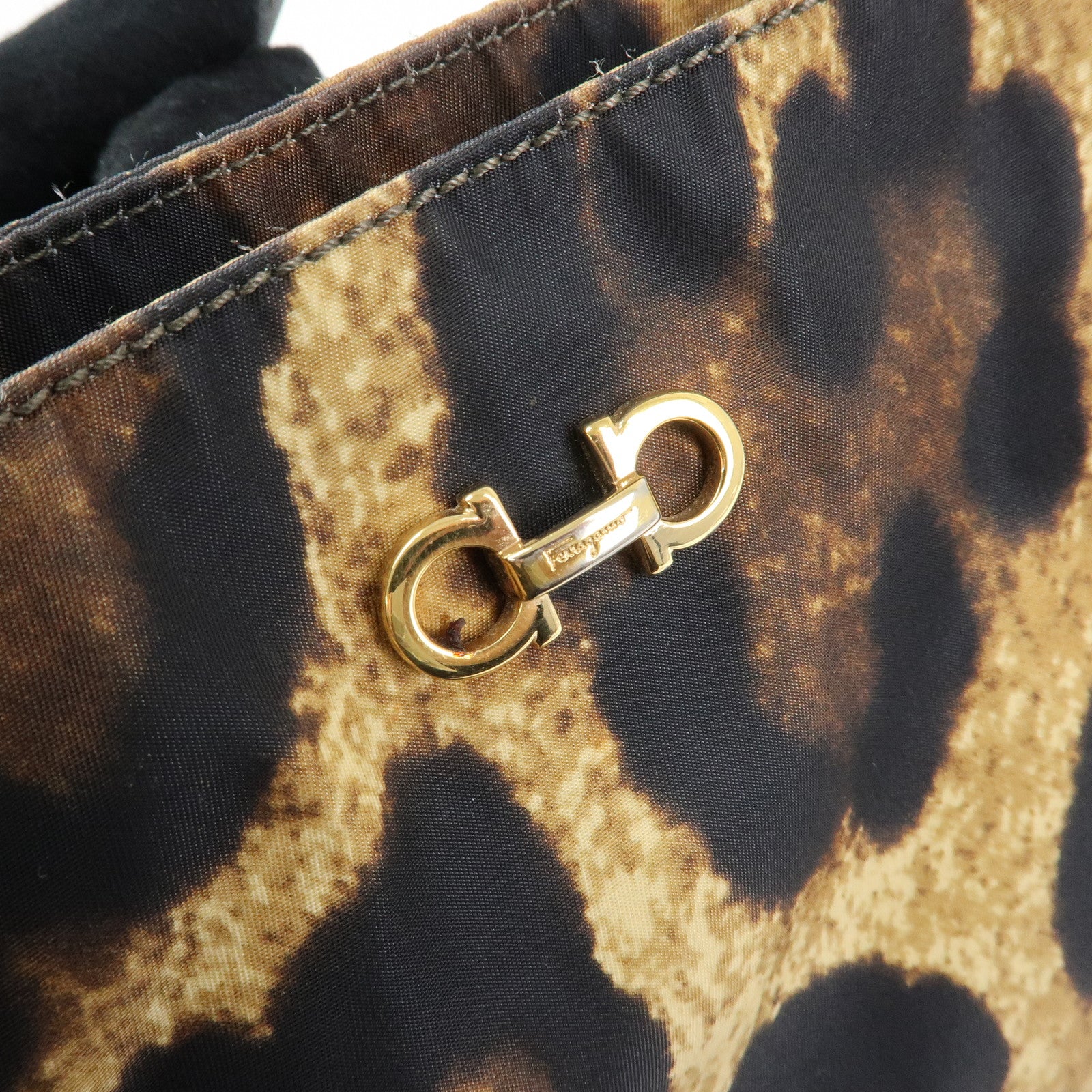 Ferragamo Gancini Nylon Leather Leopard Tote Bag Shoulder Bag Brown