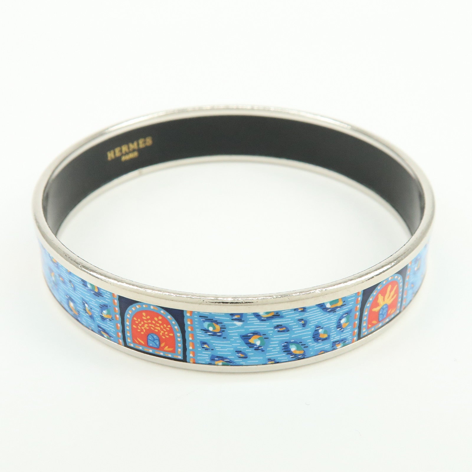 HERMES Email PM Silver Plated Bracelet Bangle Blue Multicolor
