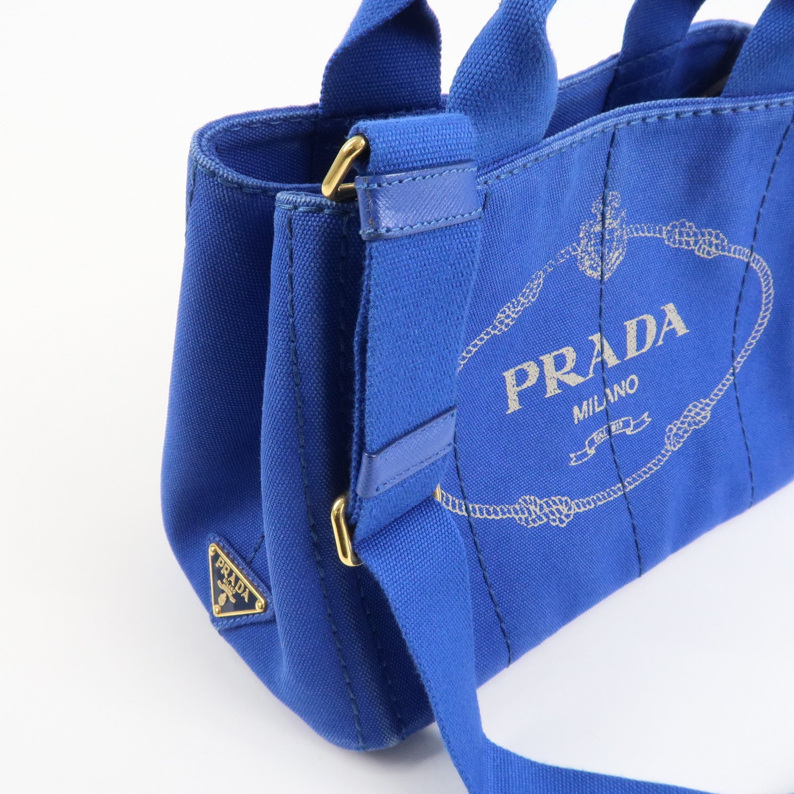 PRADA Logo Canapa Mini Canvas 2Way Tote Shoulder Bag Blue BN2439 Used