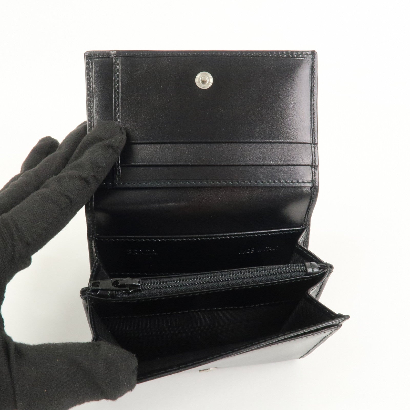 PRADA Logo Leather Compact Wallet Card Case Coin Case Black