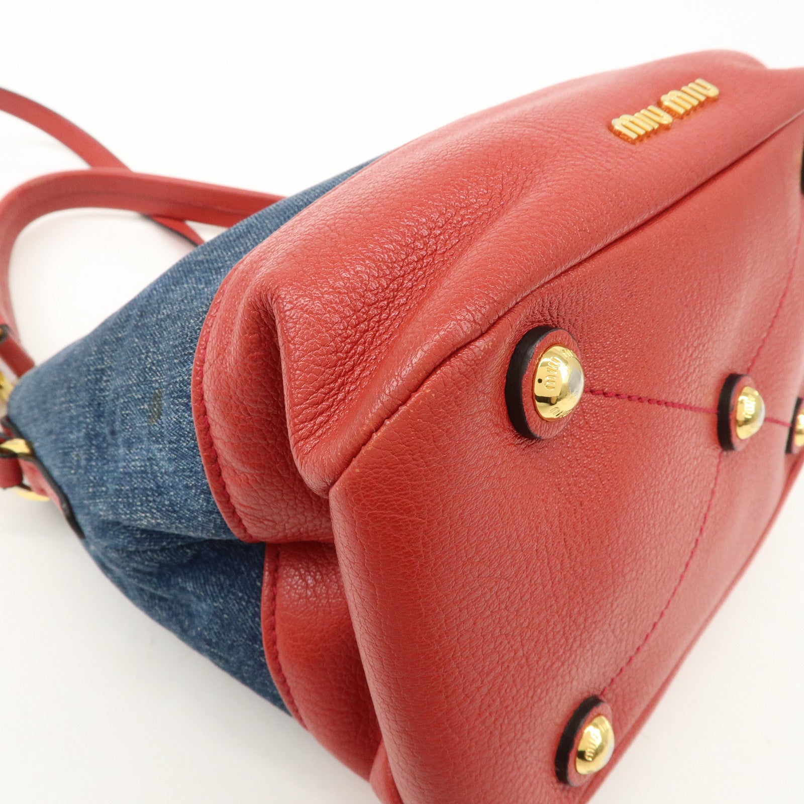 MIU MIU Madras Leather Denim 2Way Bag Shoulder Bag Red RR1951 Used