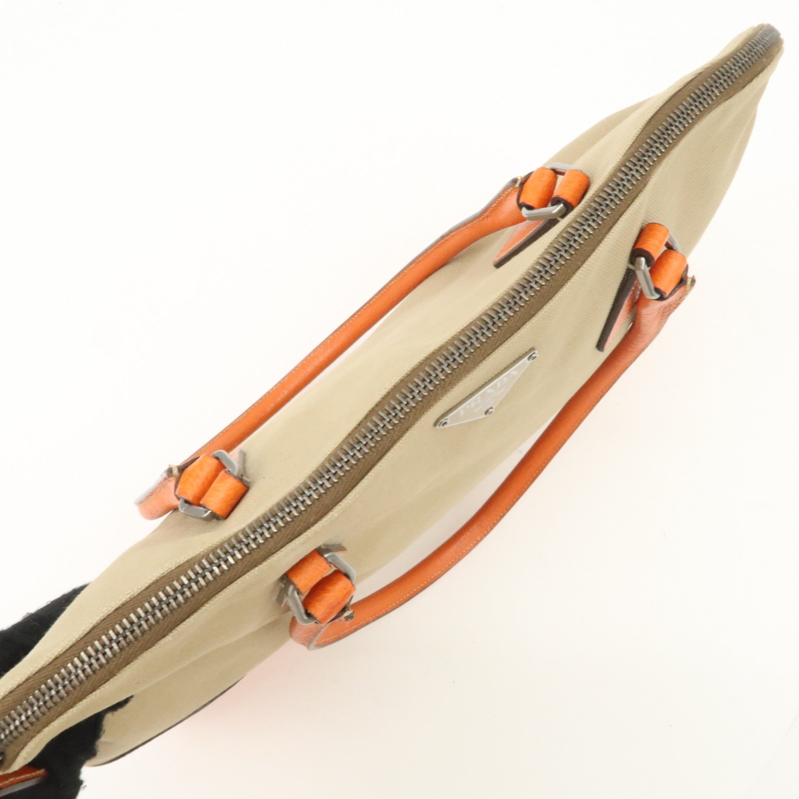 PRADA Triangle Logo Canvas Leather Shoulder Bag Orange Beige Used