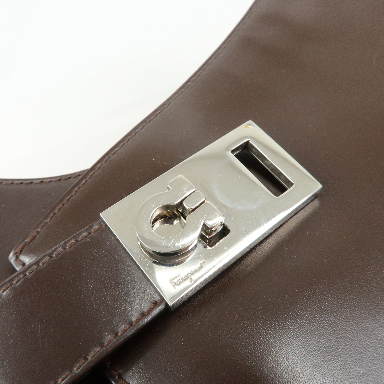 Ferragamo Gancini Leather Shoulder Bag Hand Bag Dark Brown