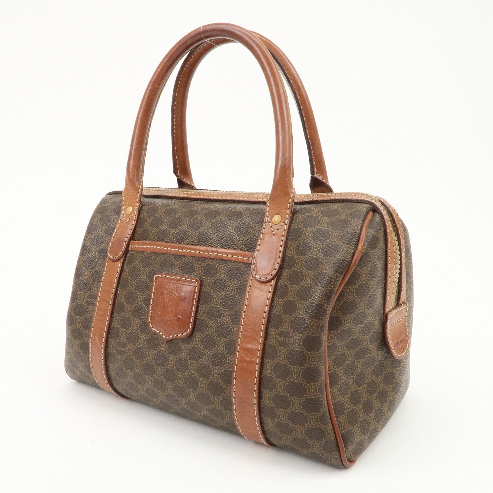 CELINE Macadam PVC Leather Boston Bag Brown Gold HDW