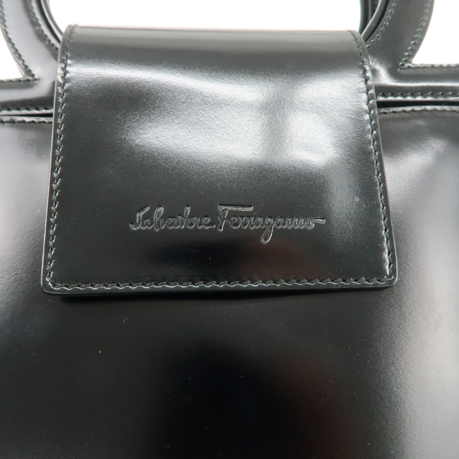 Ferragamo Gancini Leather Hand Bag Black Gold Hardware Used