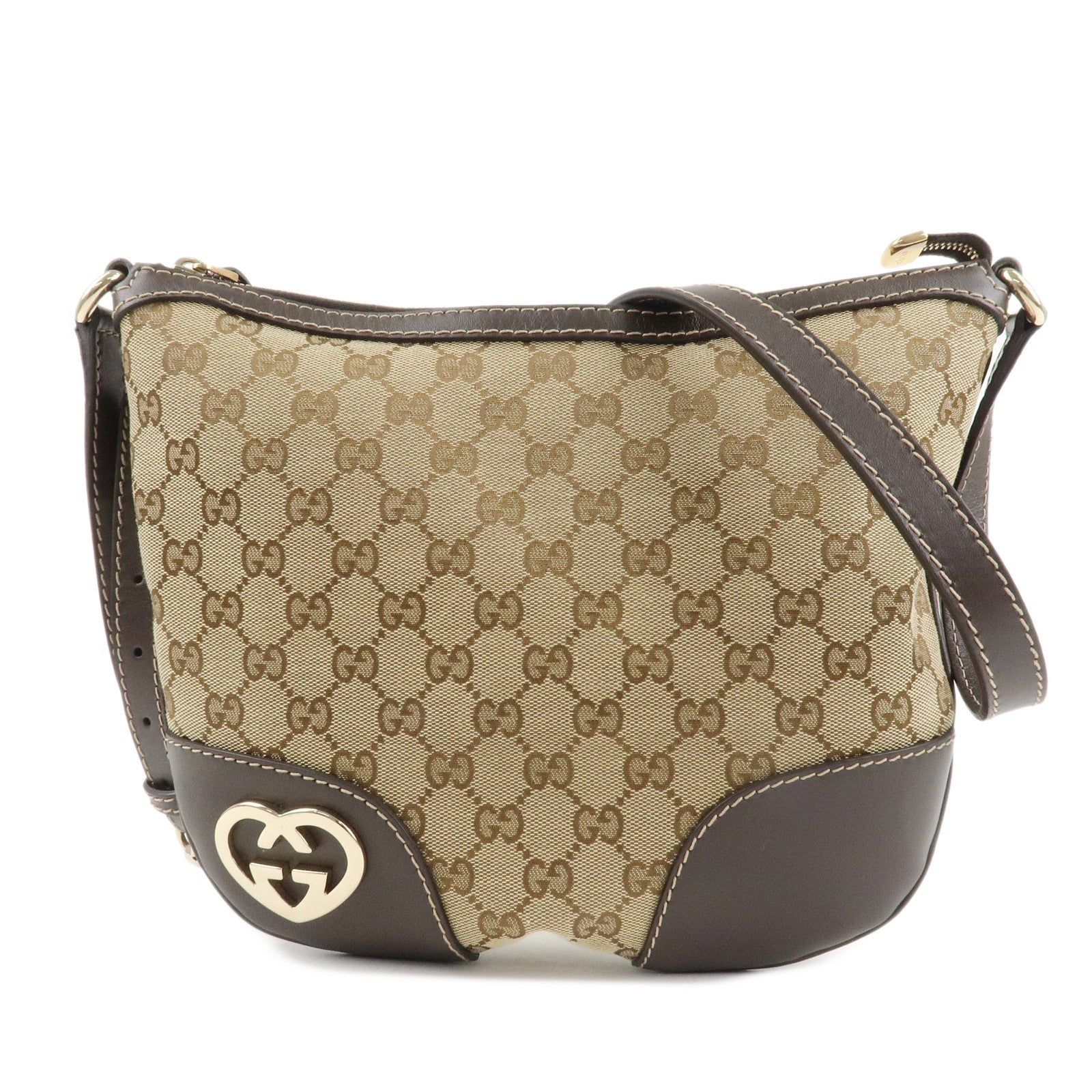 GUCCI Lovely Heart GG Canvas Leather Shoulder Bag Dark Brown 257072 Used
