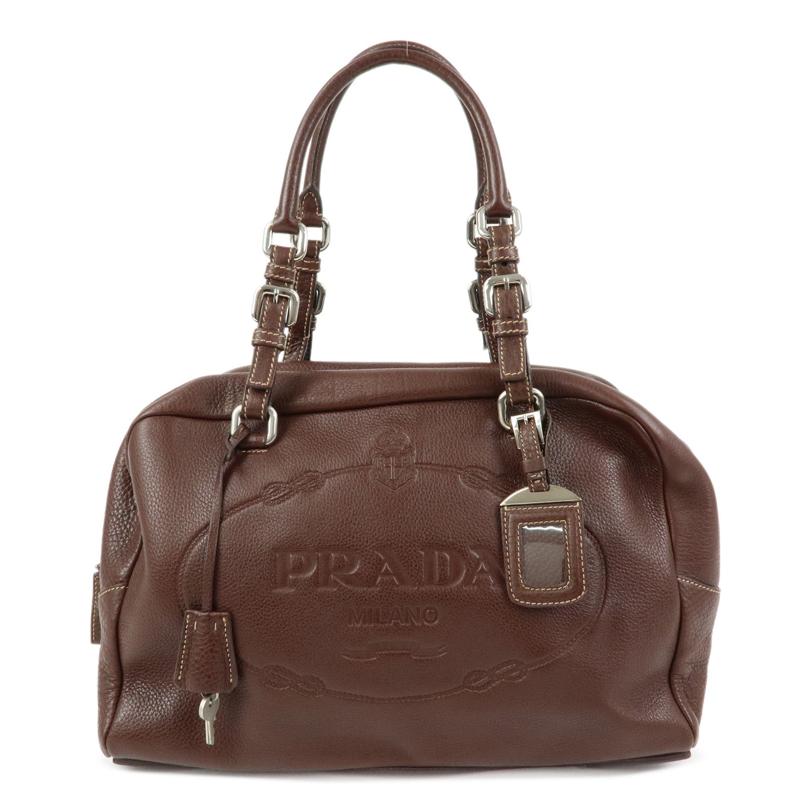PRADA Vitello Daino Leather Boston Bag Hand Bag Brown BR3090