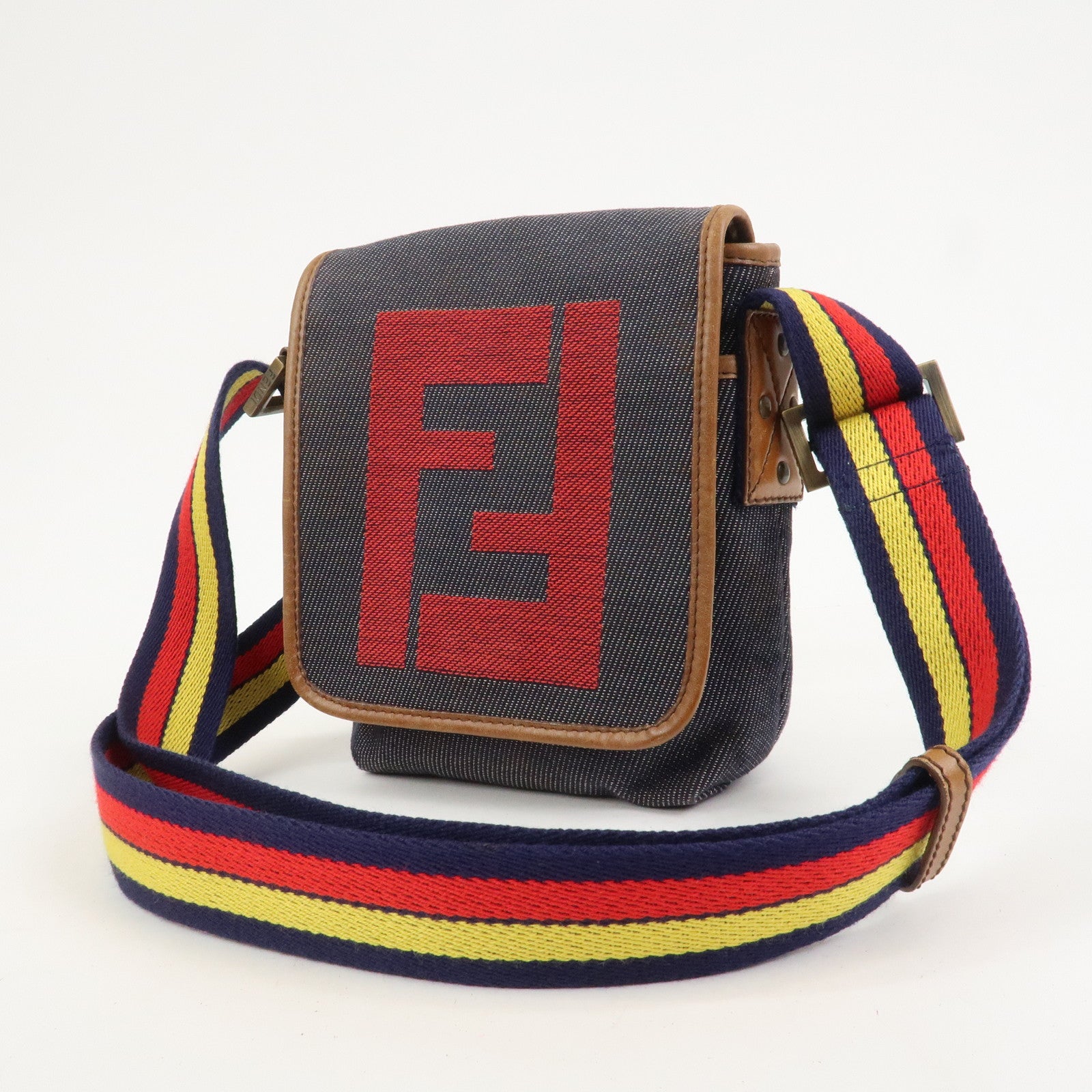 FENDI Zucca Canvas Leather Shoulder Bag Crossbody Bag Navy 7VA155
