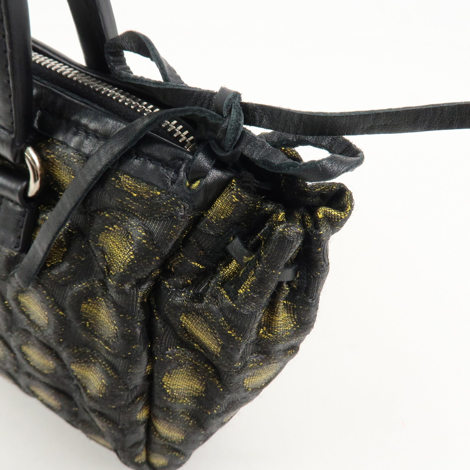 PRADA Triangle Logo Nylon Leather Ribbon Hand Bag Black Yellow