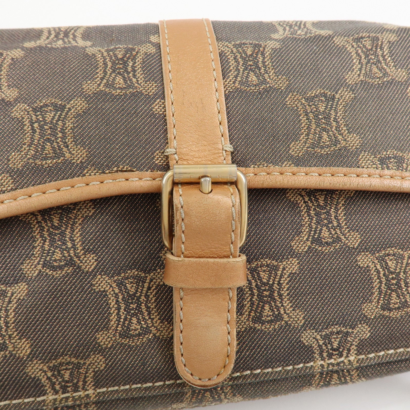 CELINE Macadam Denim Leather Shoulder Bag Hand Bag Light Brown