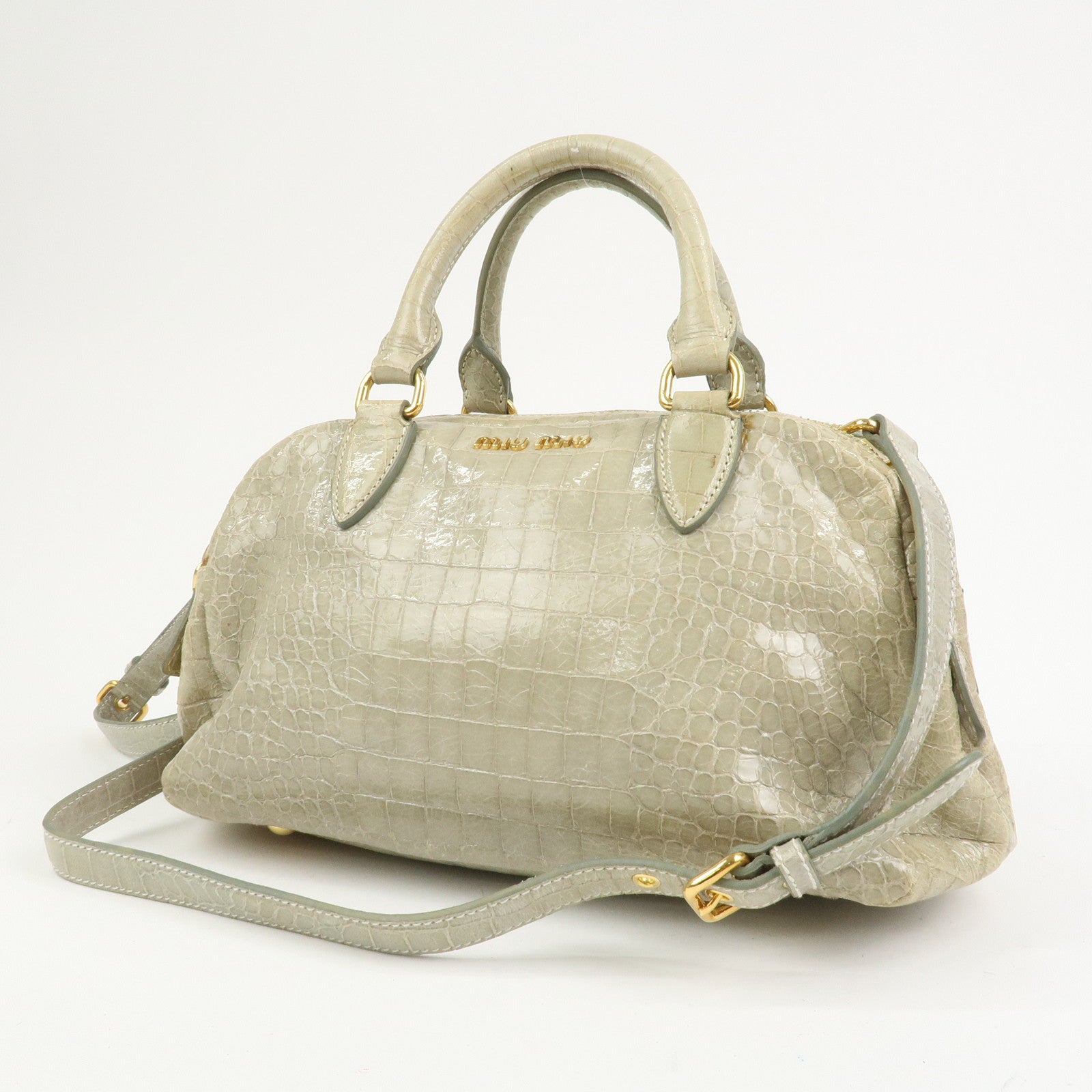 MIU MIU Logo Embossed Leather 2Way Bag Hand Bag Shoulder Bag Beige