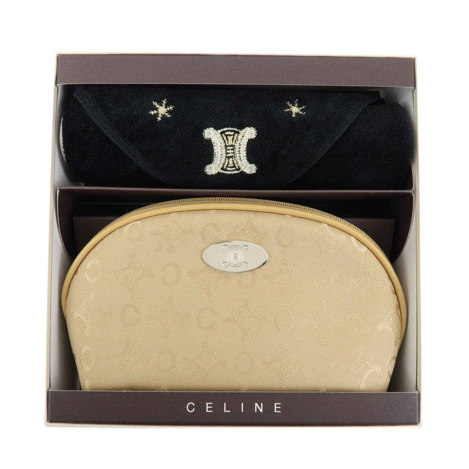 CELINE Set of Pile Towel And Canvas Leather Pouch Black Beige