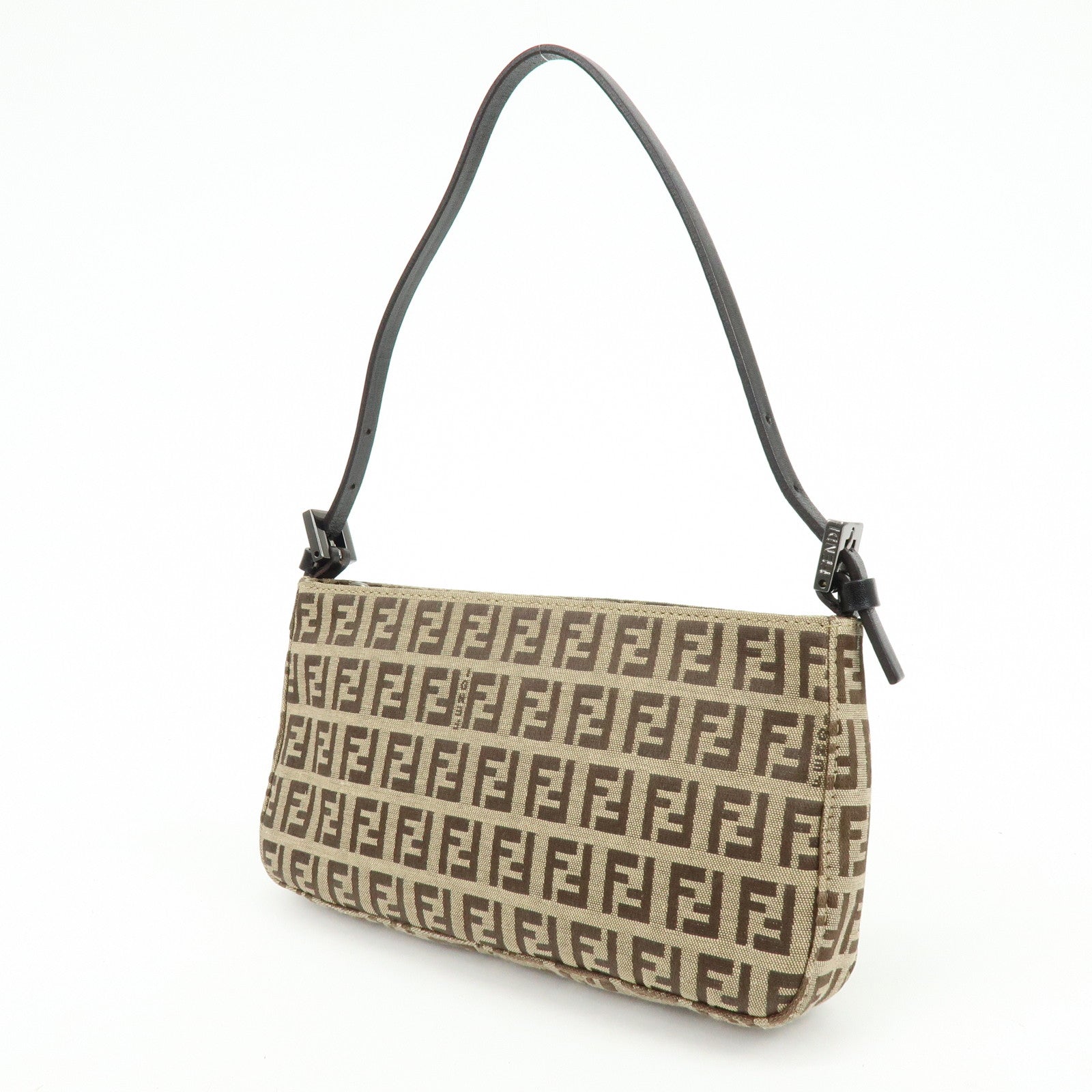 FENDI Zucchino Canvas Leather Hand Bag Brown Beige 8BR041