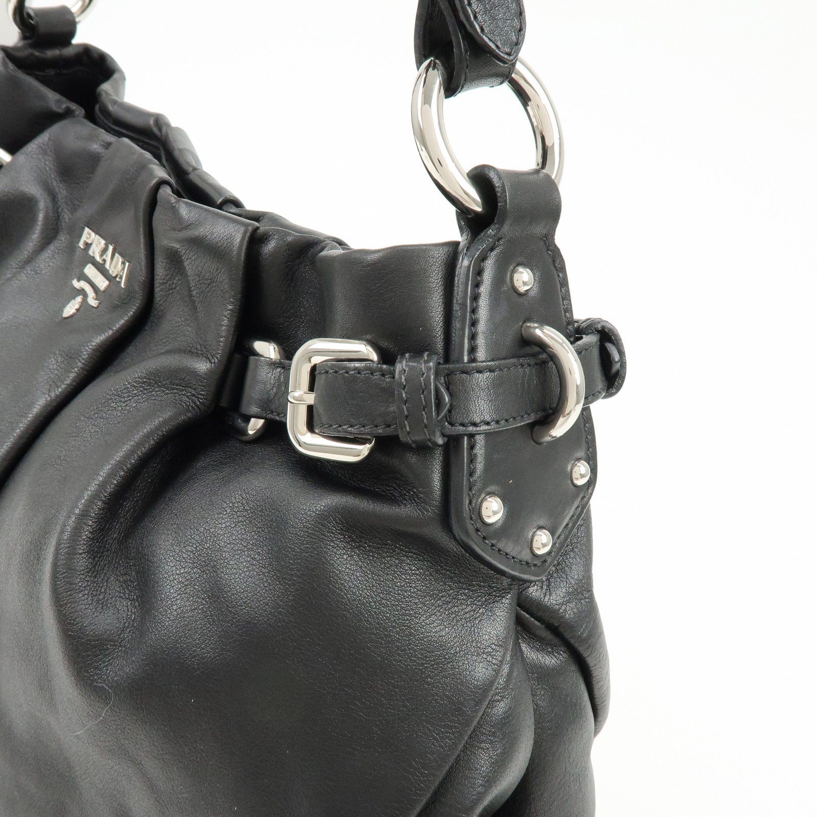 PRADA Logo Soft Calf Leather Side Belted Shoulder Bag Black BR3975