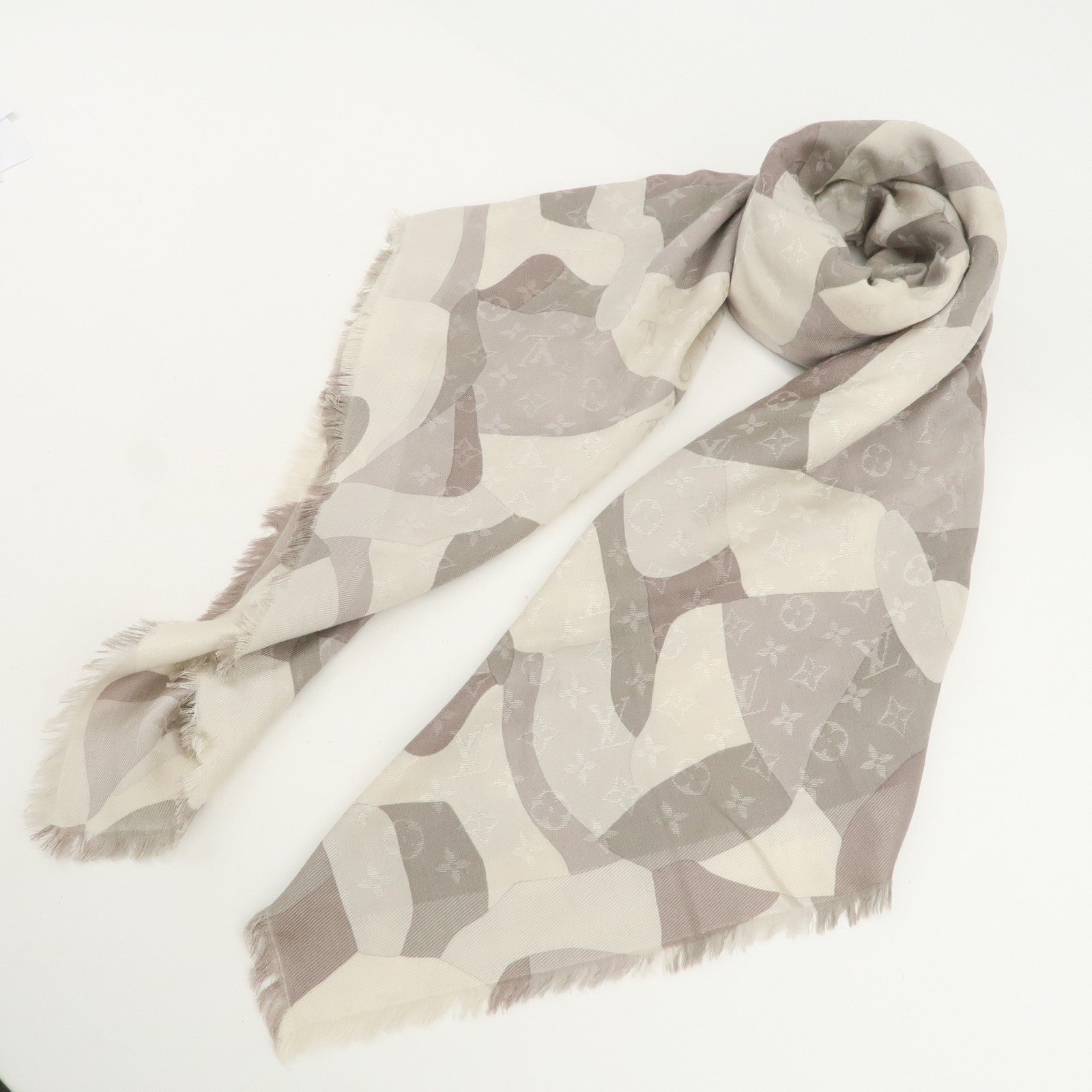 Louis Vuitton Monogram Silk Wool Shawl Scarf Camouflage Gray M75397