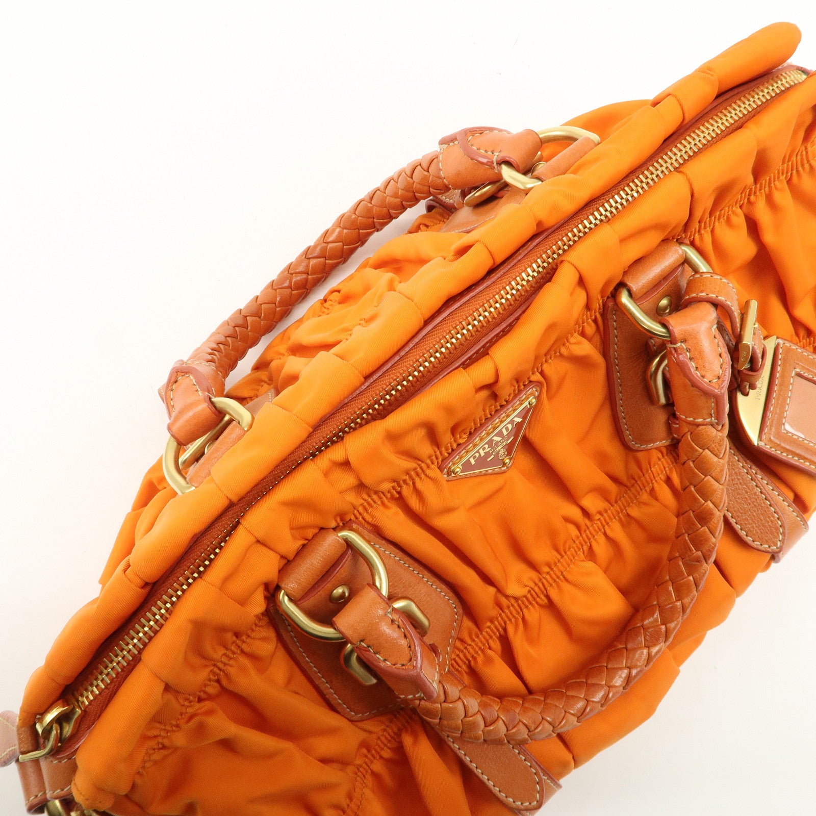 PRADA Triangle Logo Nylon Leather 2Way Bag Hand Bag Orange BN1407 Used