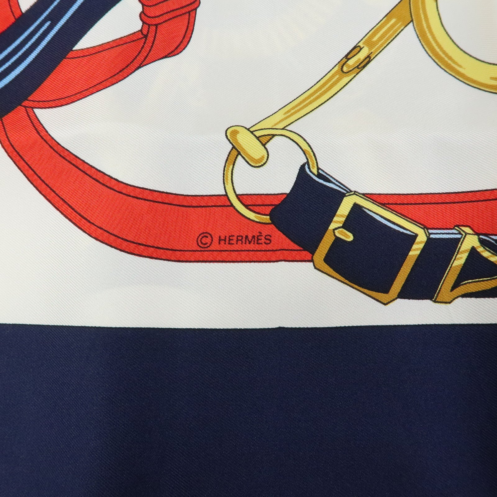 HERMES Carre 90 Silk 100% Scarf Eperon d'or Navy Ivory Red Gold