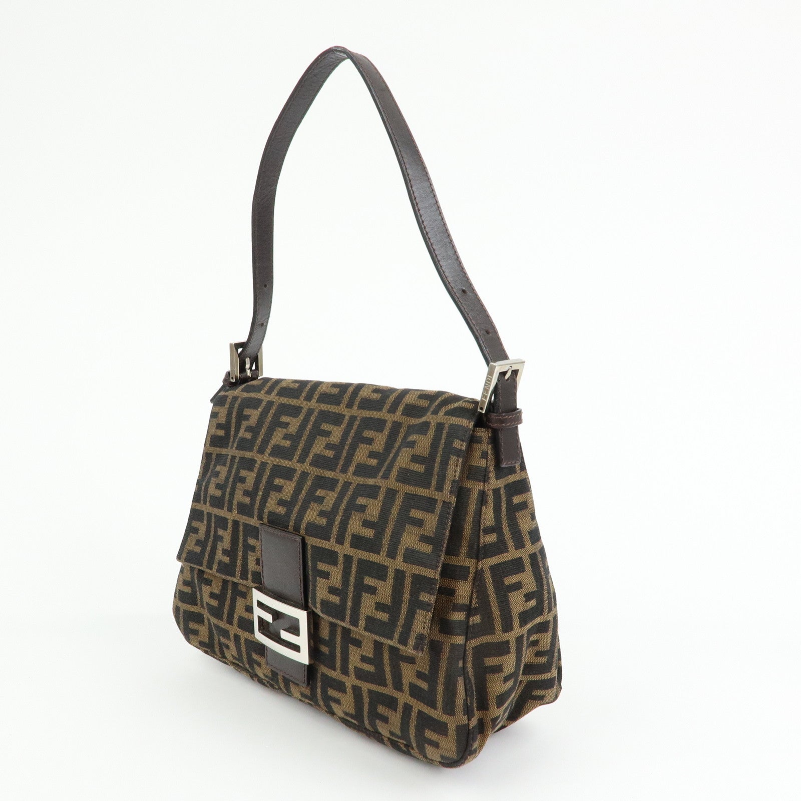 FENDI Mamma Baguette Zucca Canvas Leather Shoulder Bag Brown 26325