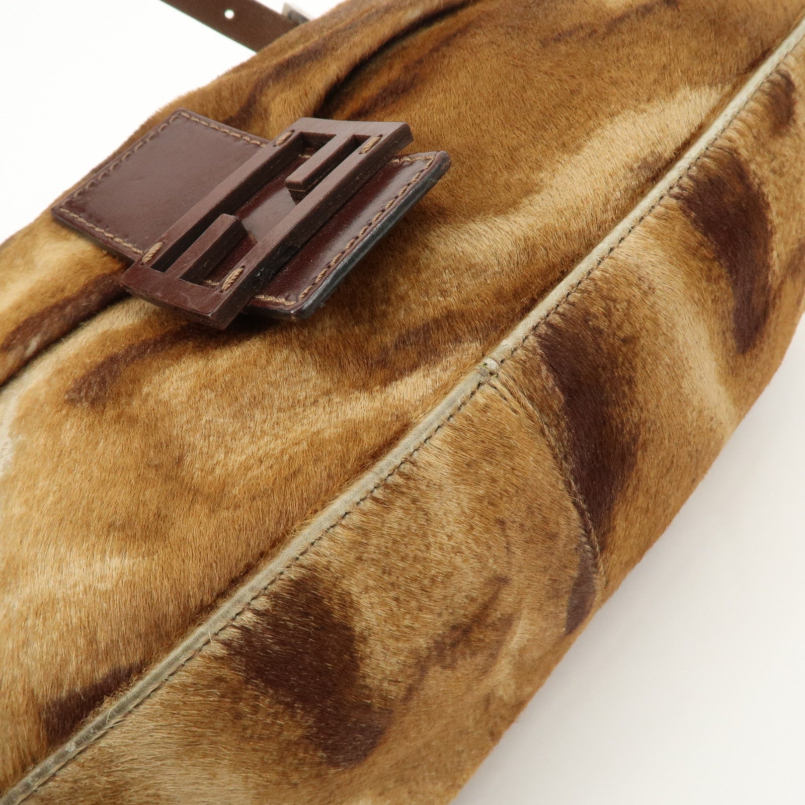 FENDI Mamma Baguette Unborn Carf Leather Shoulder Bag Brown 26323 Used