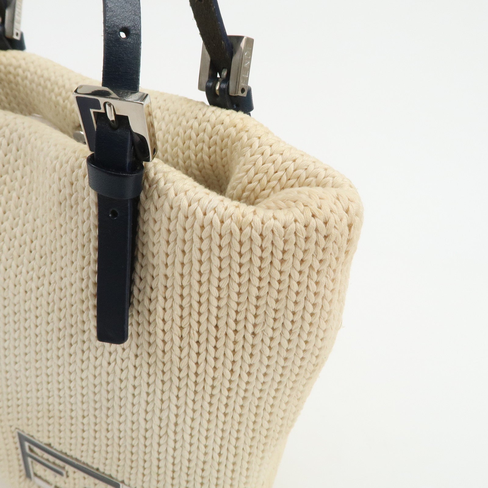 FENDI Logo Wool Leather Hand Bag Shoulder Bag Ivory Navy 26731