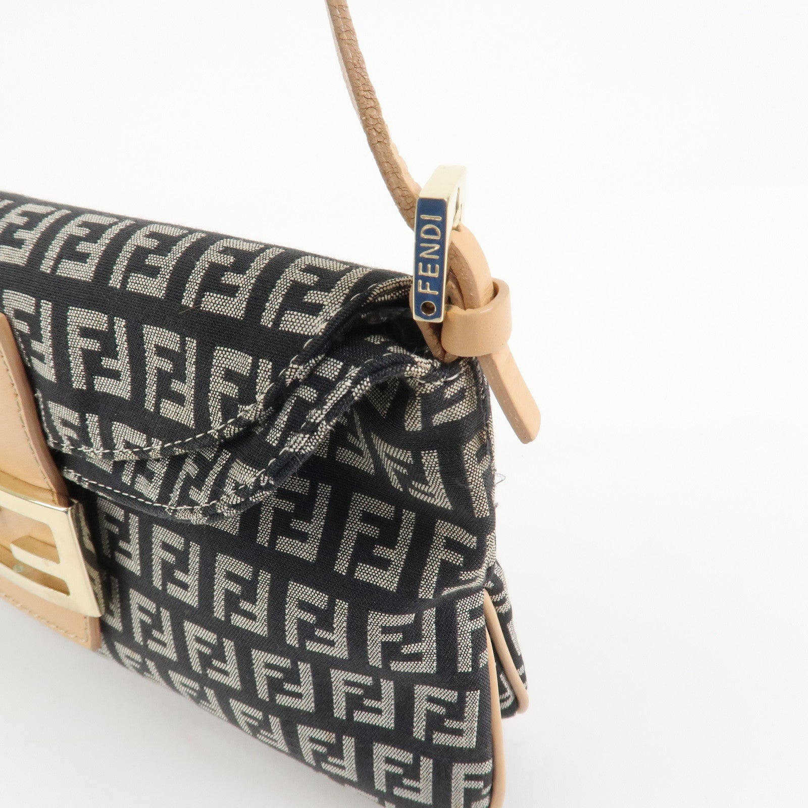FENDI Zucchino Canvas Leather Shoulder Bag Black Natural 8BR009