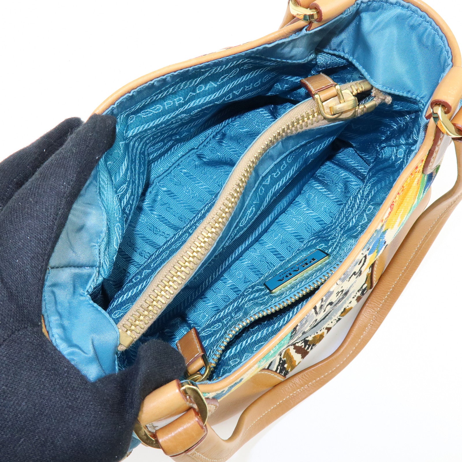 PRADA Triangle Logo Canvas Leather Hand Bag Light Brown Blue
