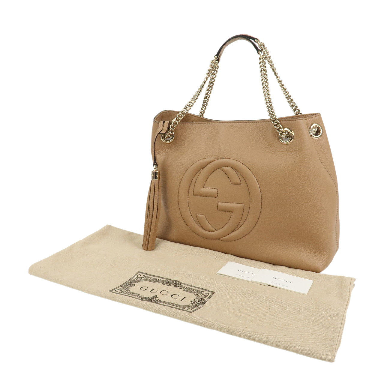 GUCCI SOHO Leather Chain Tote Bag Shoulder Bag Light Brown 536196