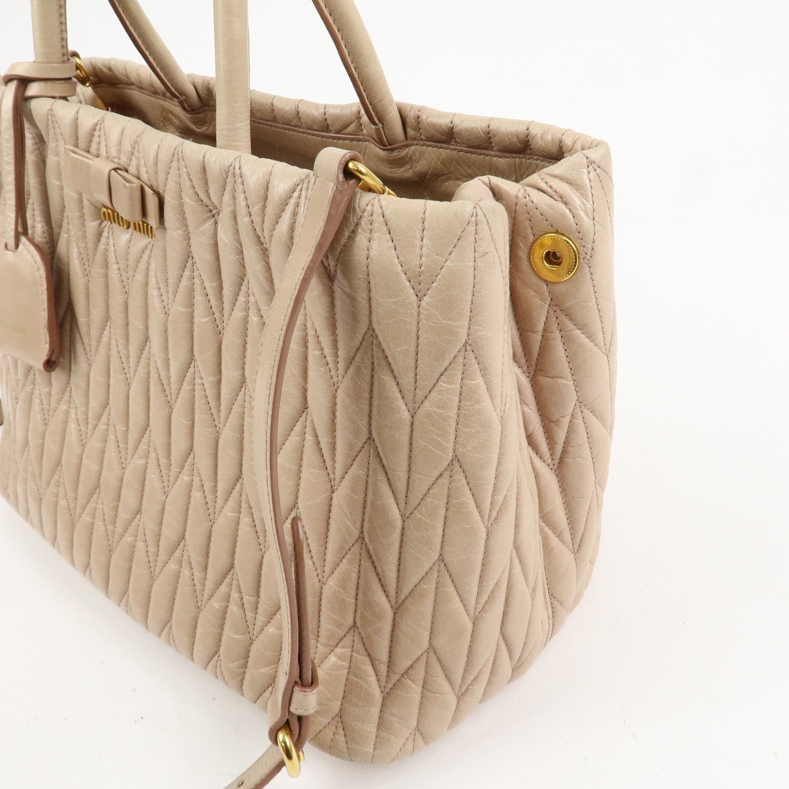 MIU MIU Leather Ribbon 2Way Shoulder Bag Hand Bag Tote Bag Beige RN1096