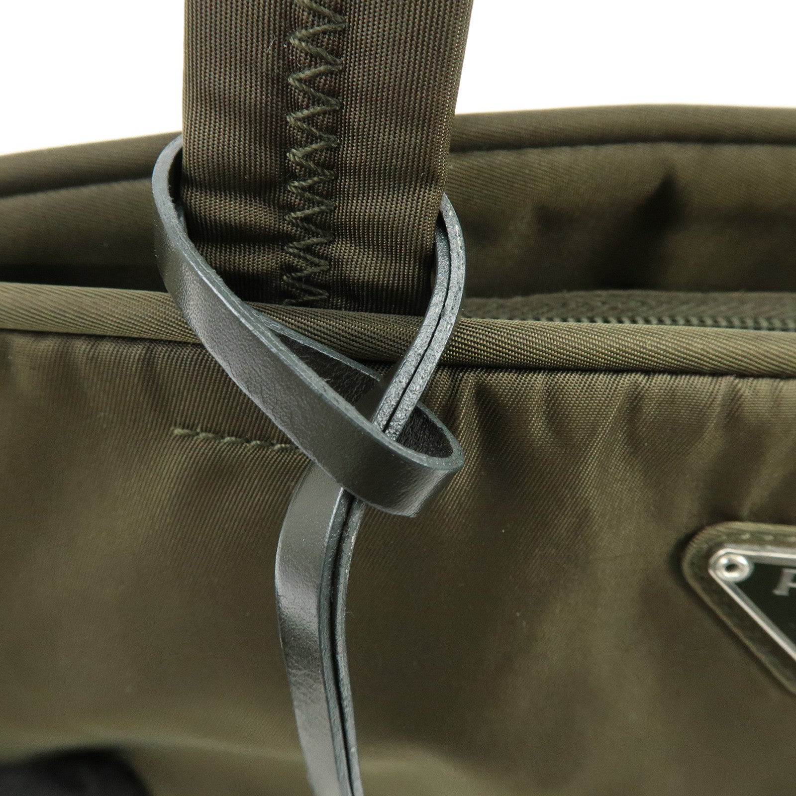PRADA Triangle Logo Nylon Leather Tote Bag Hand Bag Khaki