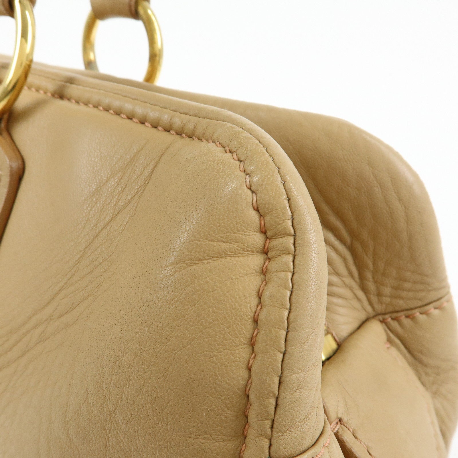 MIU MIU Logo Leather Hand Bag Boston Bag Beige