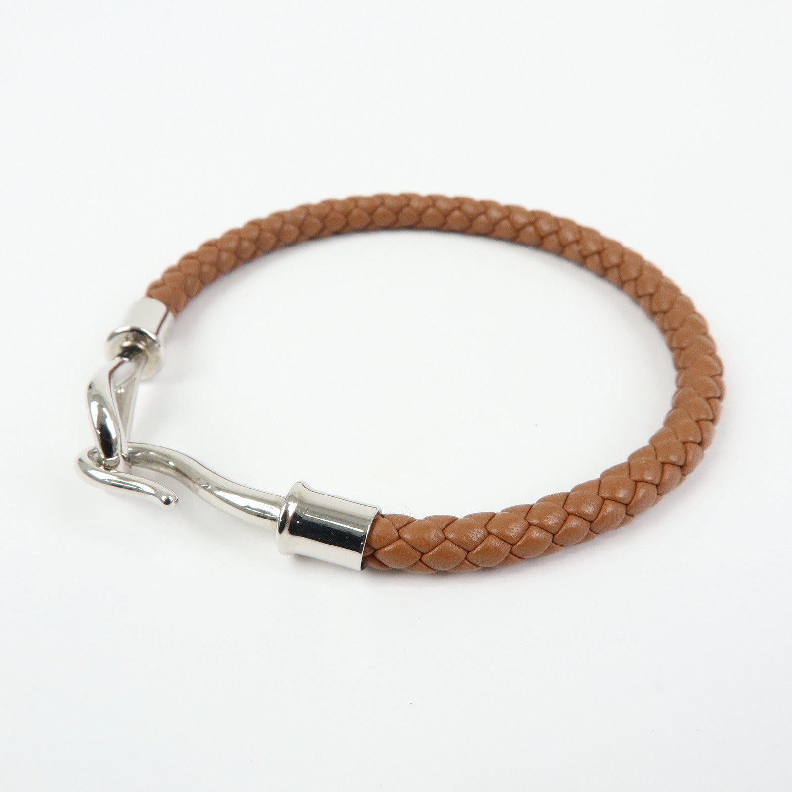 HERMES Jumbo Choker Leather Metal Bracelet Brown Silver