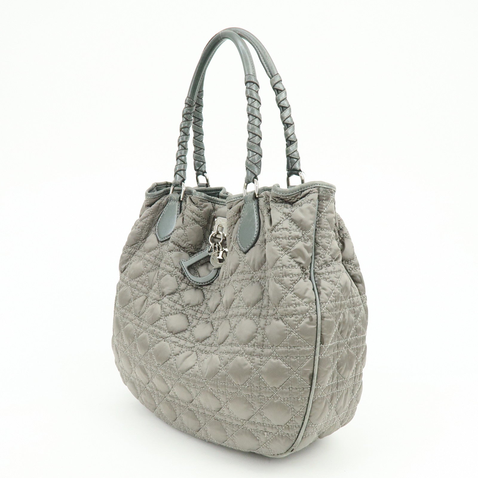 Christian Dior Cannage Nylon Leather Tote Bag Shoulder Bag Gray