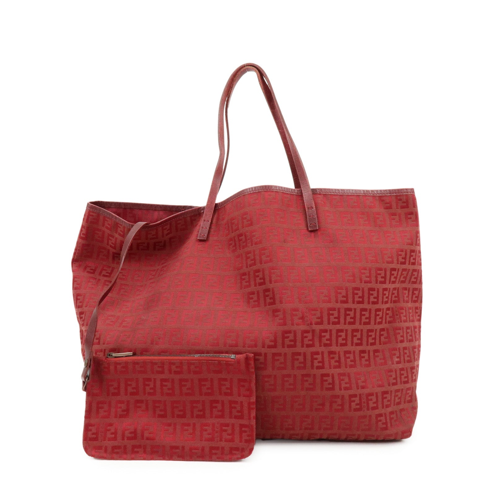 FENDI Zucchino Canvas Leather Tote Bag Shoulder Bag Red 8BH005