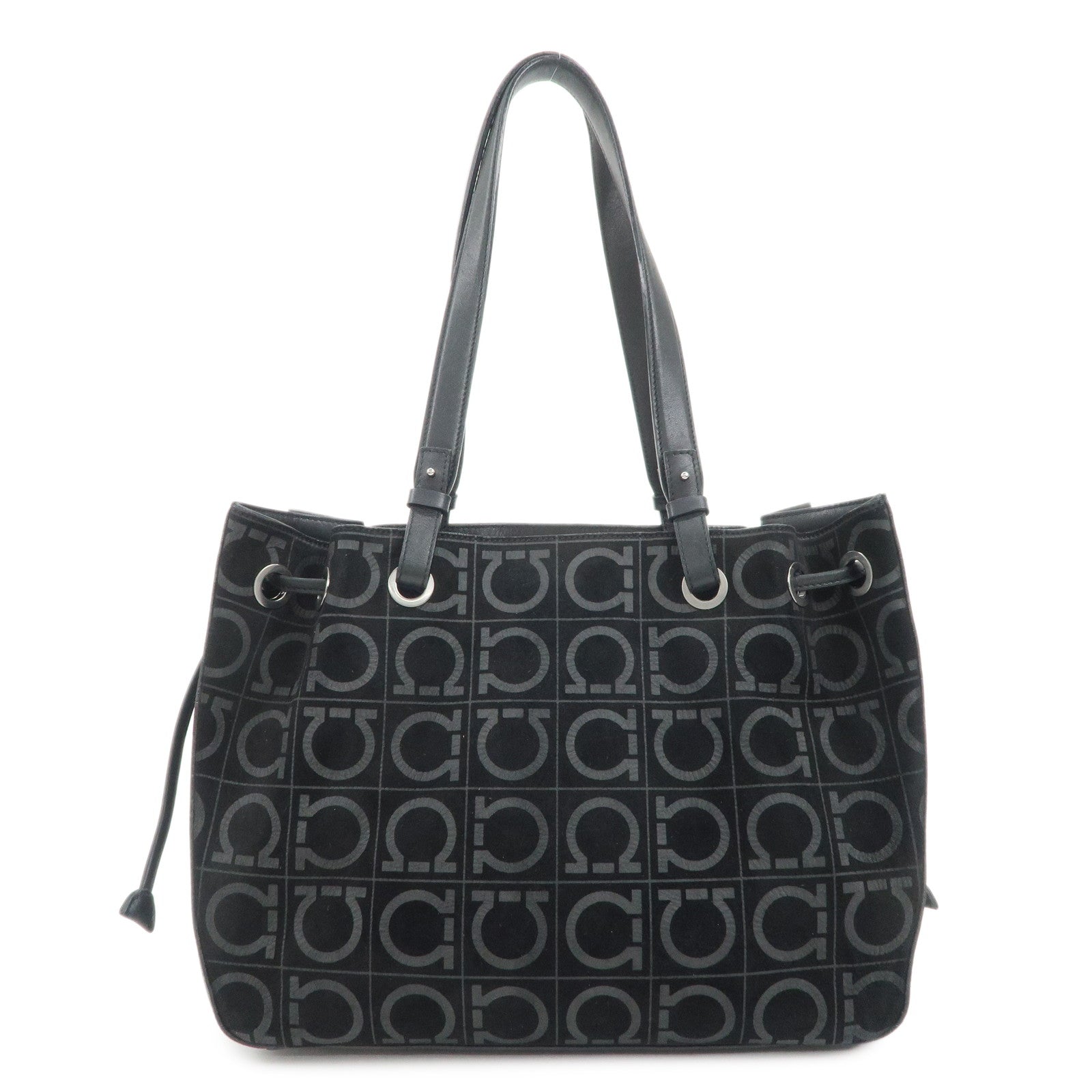 Ferragamo Gancini Leather Suede Shoulder Bag Hand Bag Black
