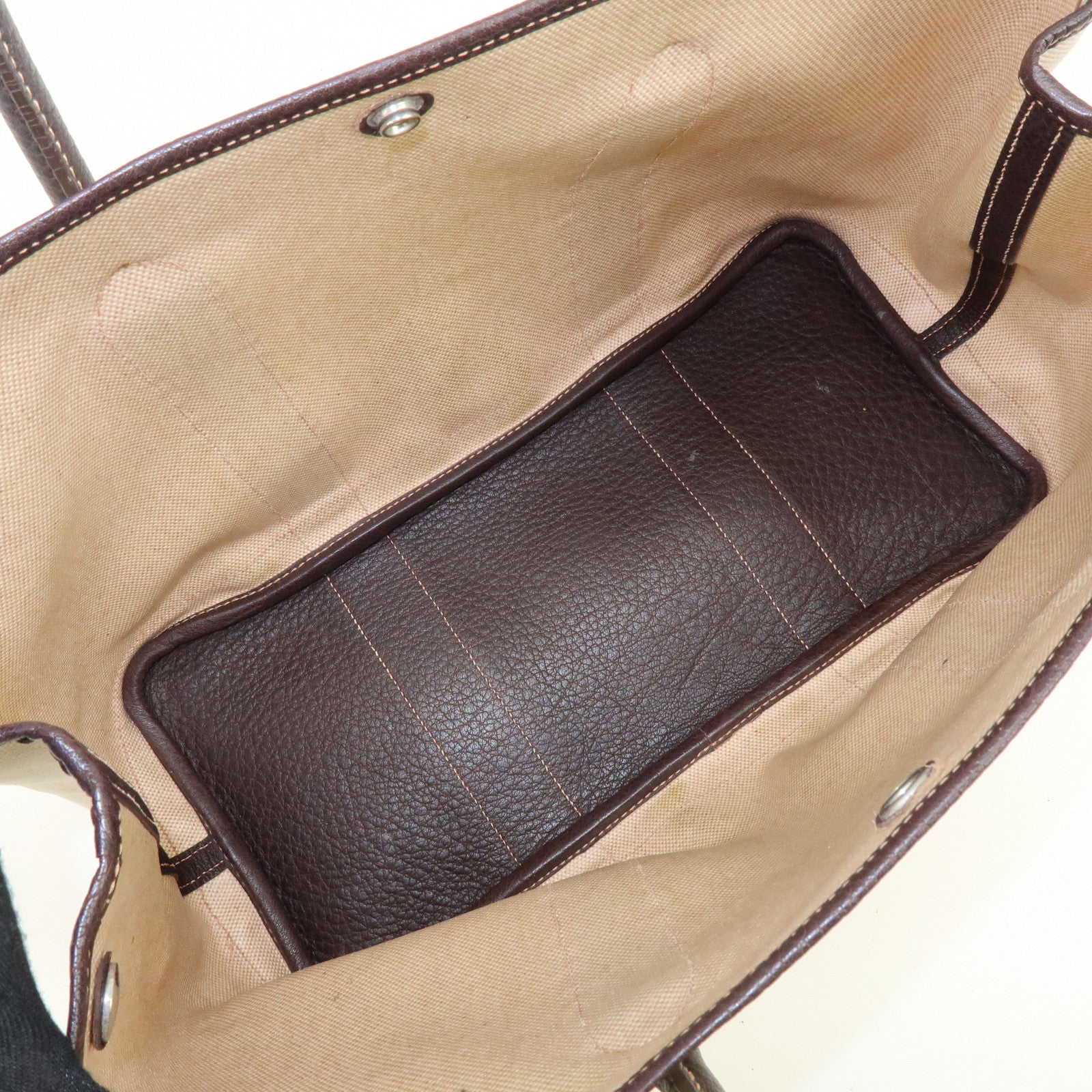 HERMES Garden Party Canvas Leather Tote Bag Beige Brown □H Stamped
