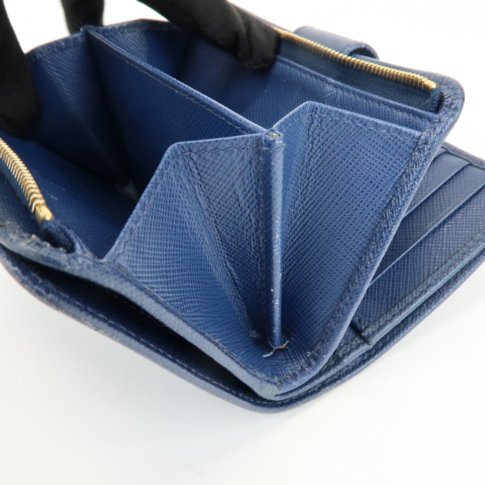 PRADA Saffiano Leather Compact Wallet Navy Gold 1ML225