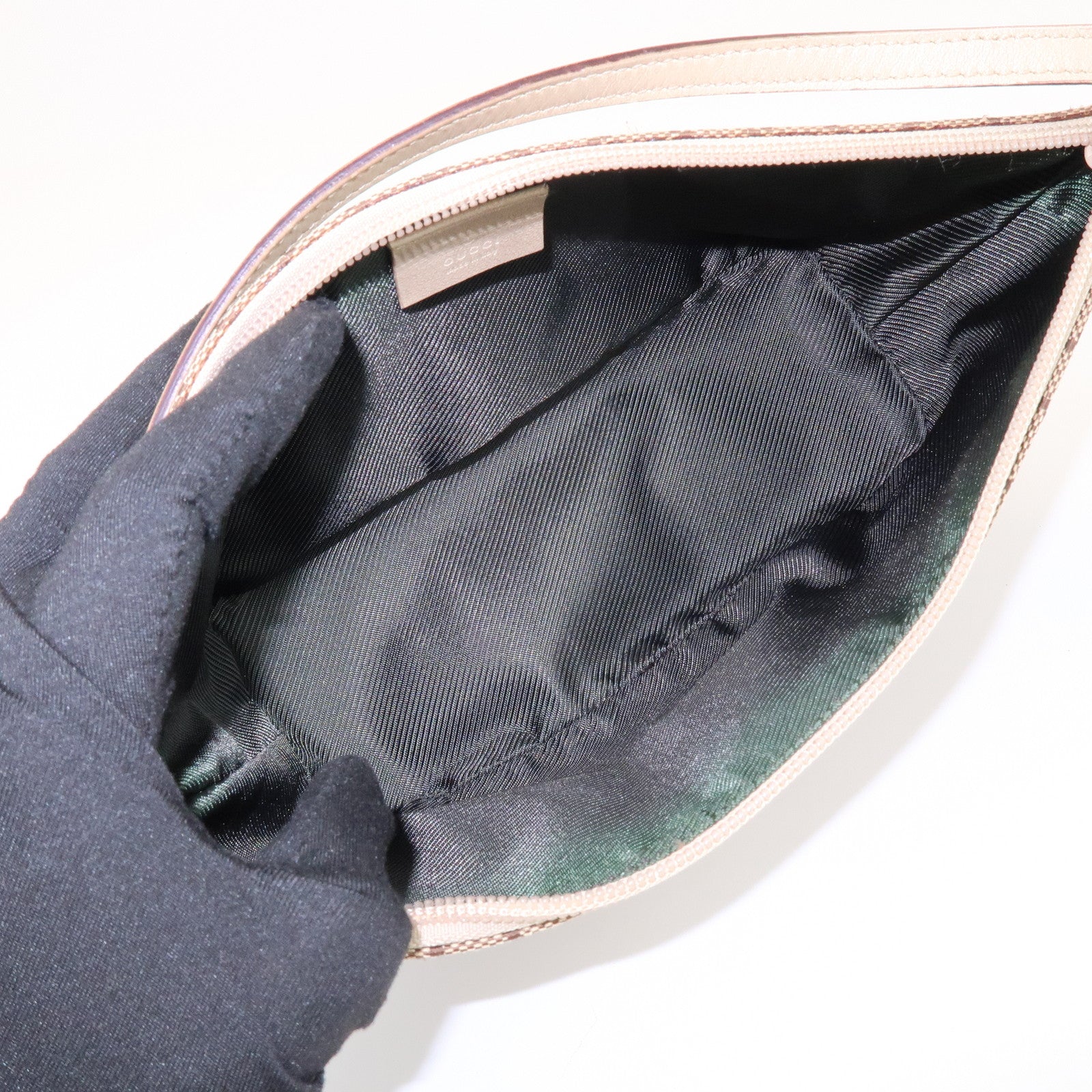 GUCCI Boat Bag GG Canvas Leather Pouch Hand Bag Beige Brown 07198