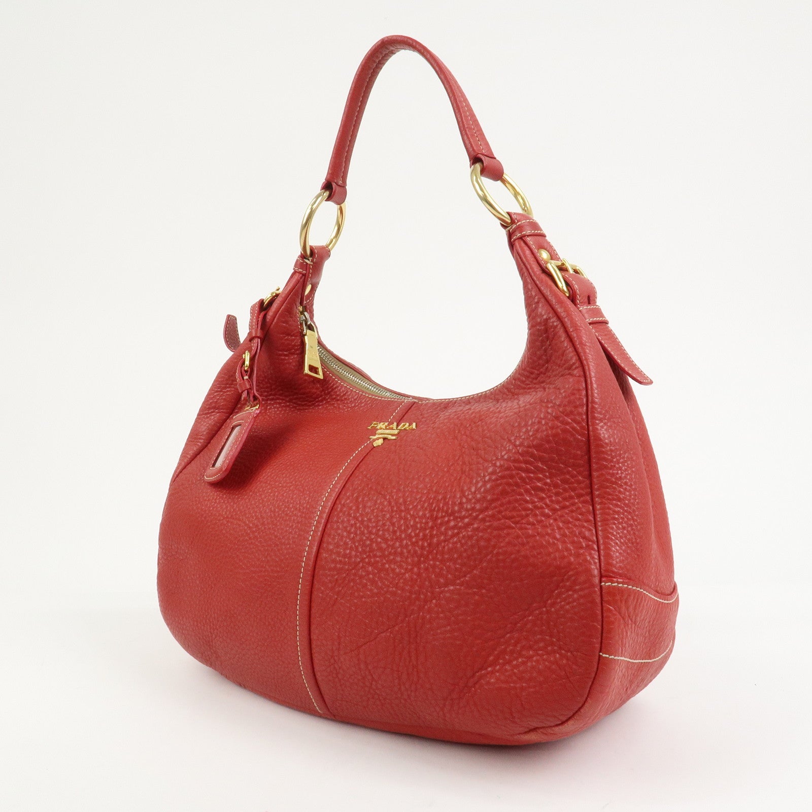PRADA Logo Leather Shoulder Bag Hand Bag Red BR4373