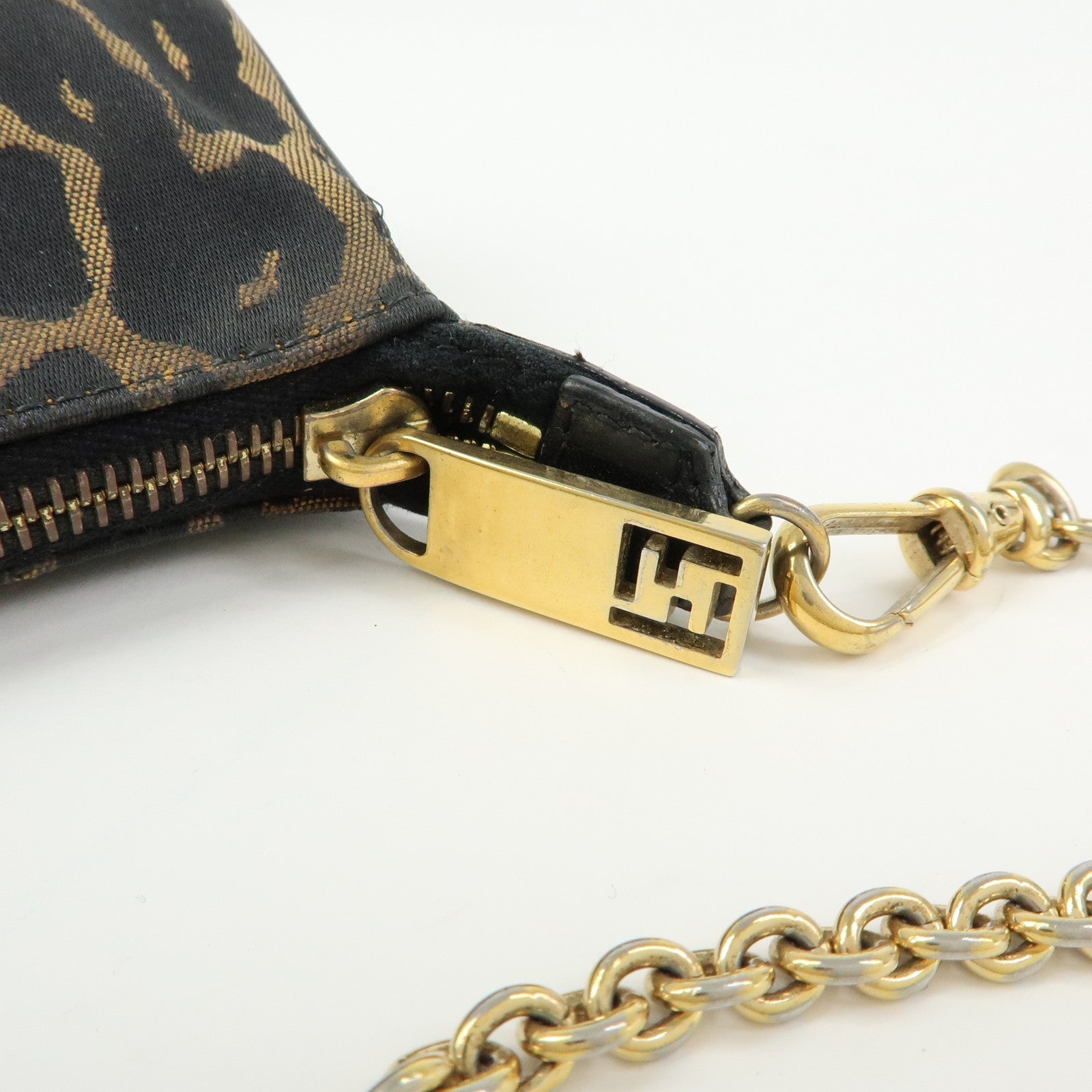 FENDI Canvas Leather Leopard Chain Hand Bag Brown Black 8M0264